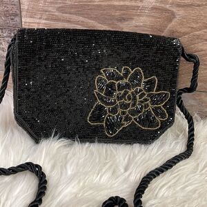 Black Beaded Floral Evening Shoulder Bag, Black Beads and Flower
